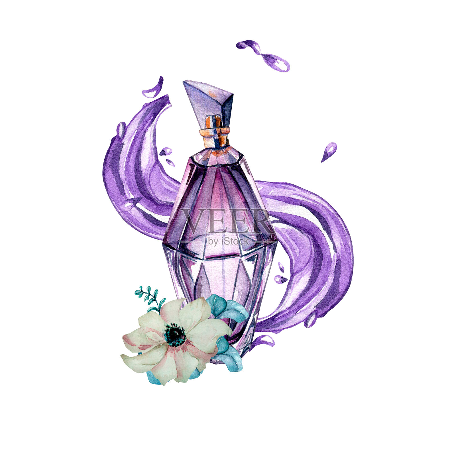 紫色香水瓶与花卉水彩插图孤立。插画图片素材