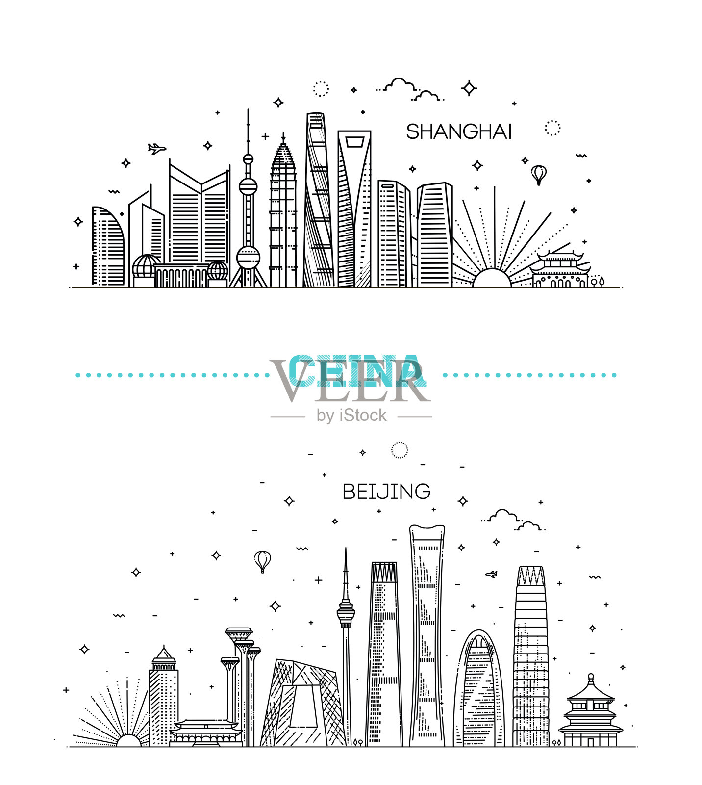 上海和北京。中国，线条艺术矢量插图与所有著名的建筑插画图片素材