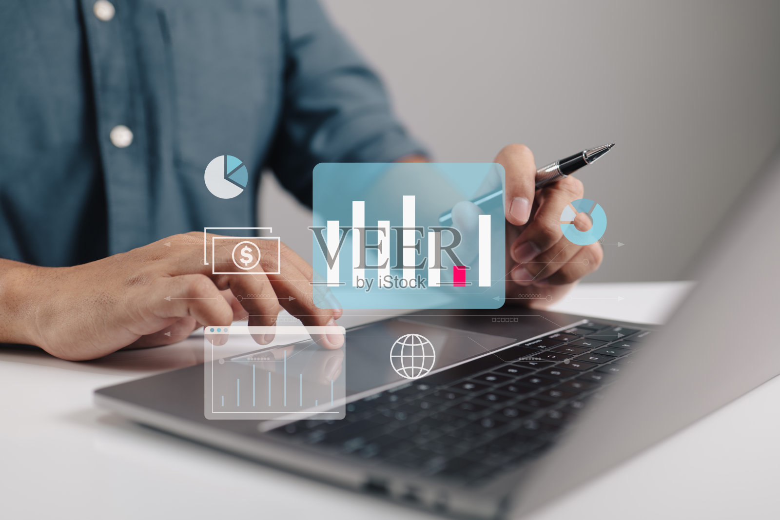 业务分析的概念。在电脑上，商人们在市场上搜寻答案以及经济和金融理念。照片摄影图片