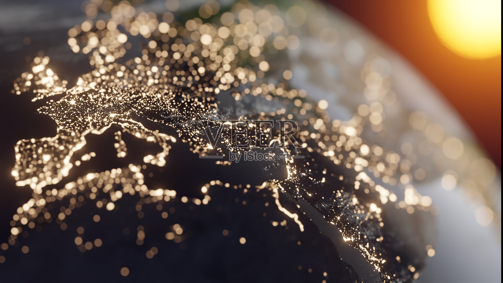 行星地球在夜晚-欧洲城市的灯光在黑暗中发光照片摄影图片