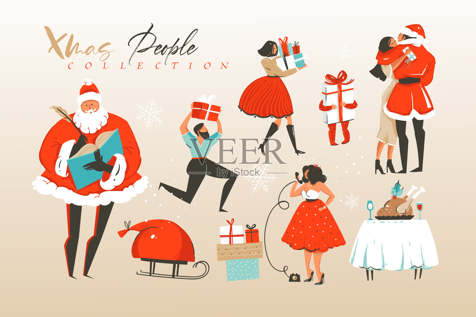 手绘矢量抽象圣诞快乐和新年快乐卡通插图欢迎集合与冬季家庭生活方式庆祝人字符孤立在白色背景插画图片素材