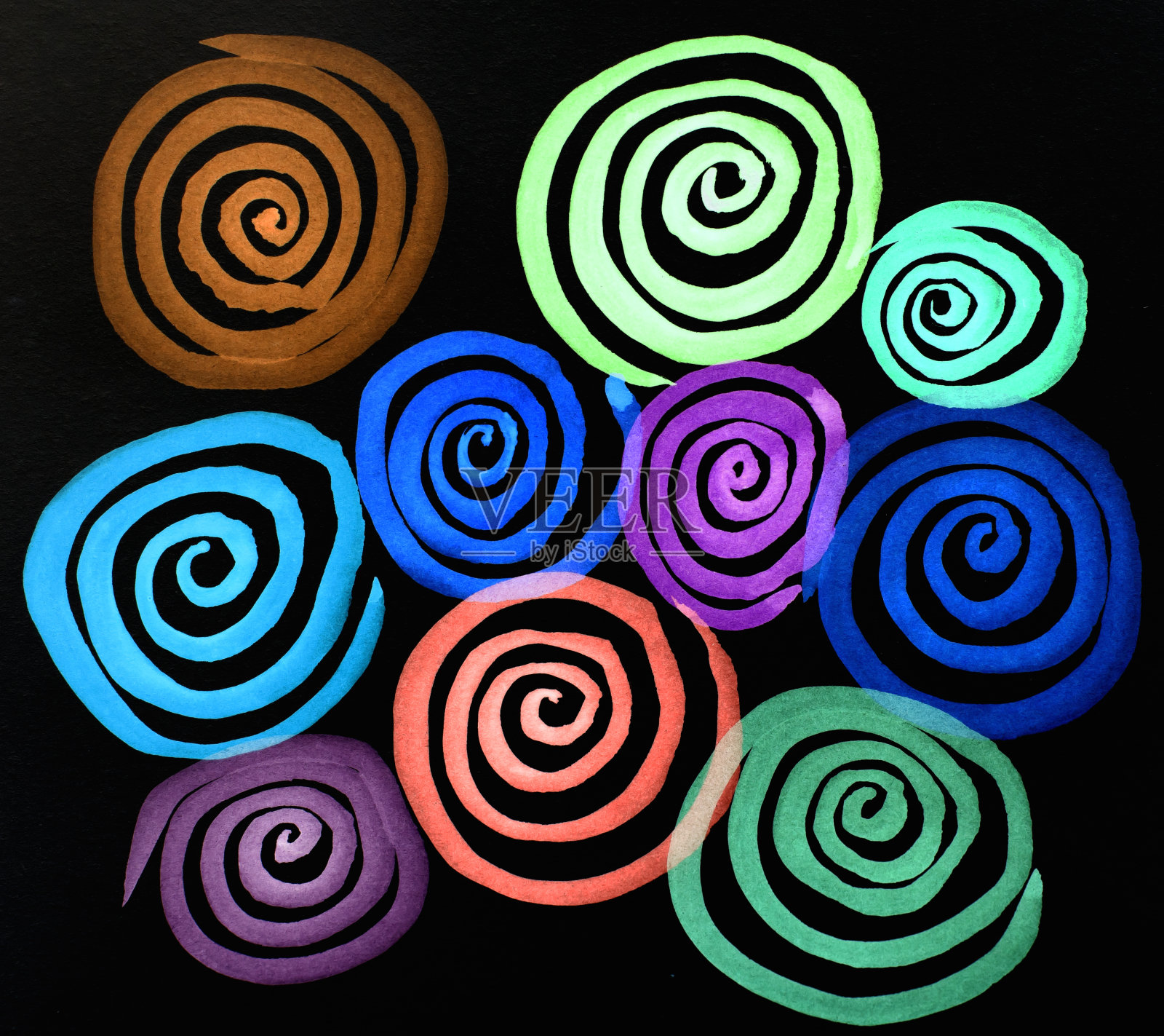 水彩抽象明亮的圆圈和螺旋。彩色条纹。艺术背景。明信片。原始抽象艺术插图插画图片素材