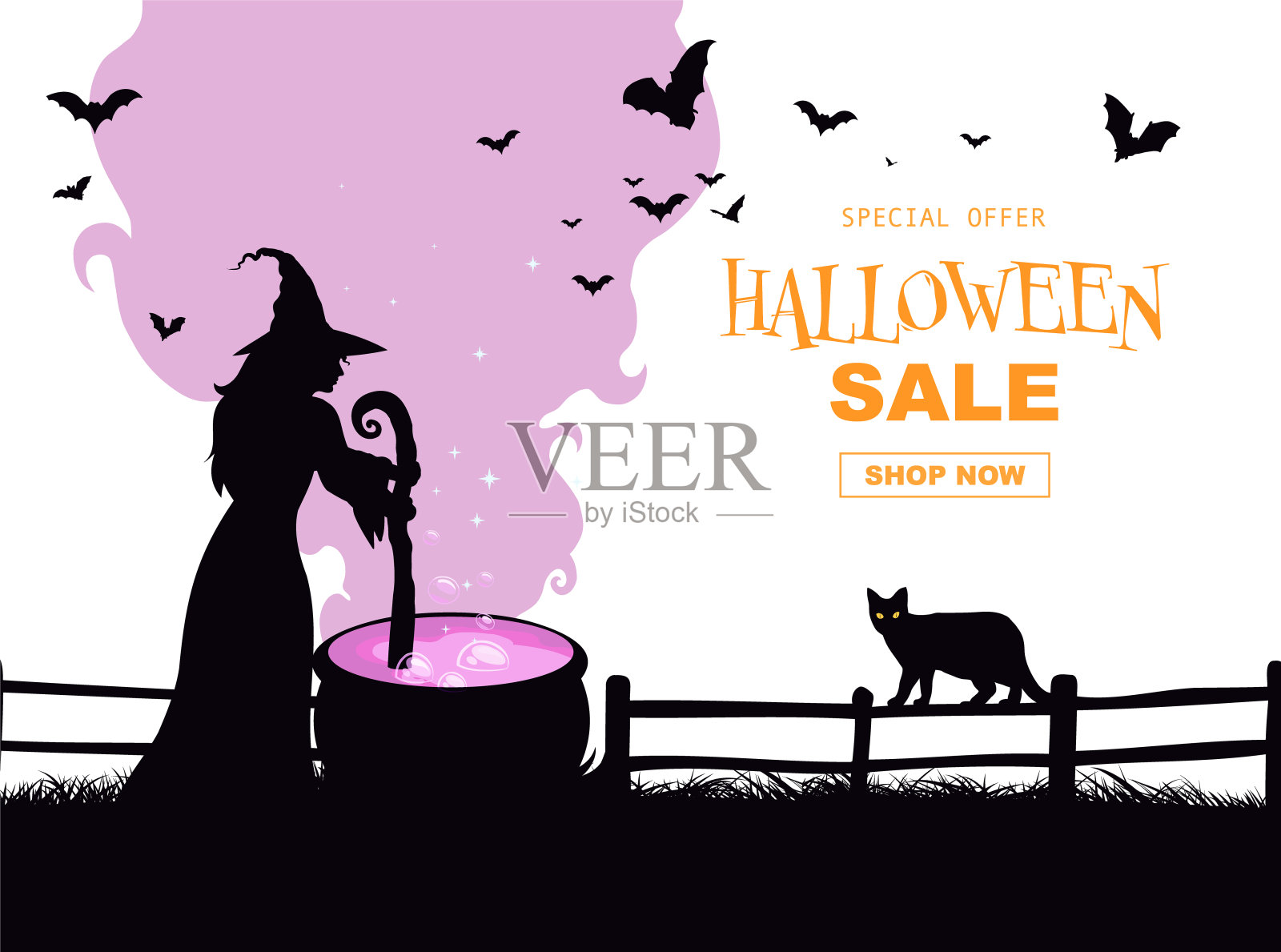 万圣节促销传单，女巫用大锅煮药水，飞行的蝙蝠设计模板素材