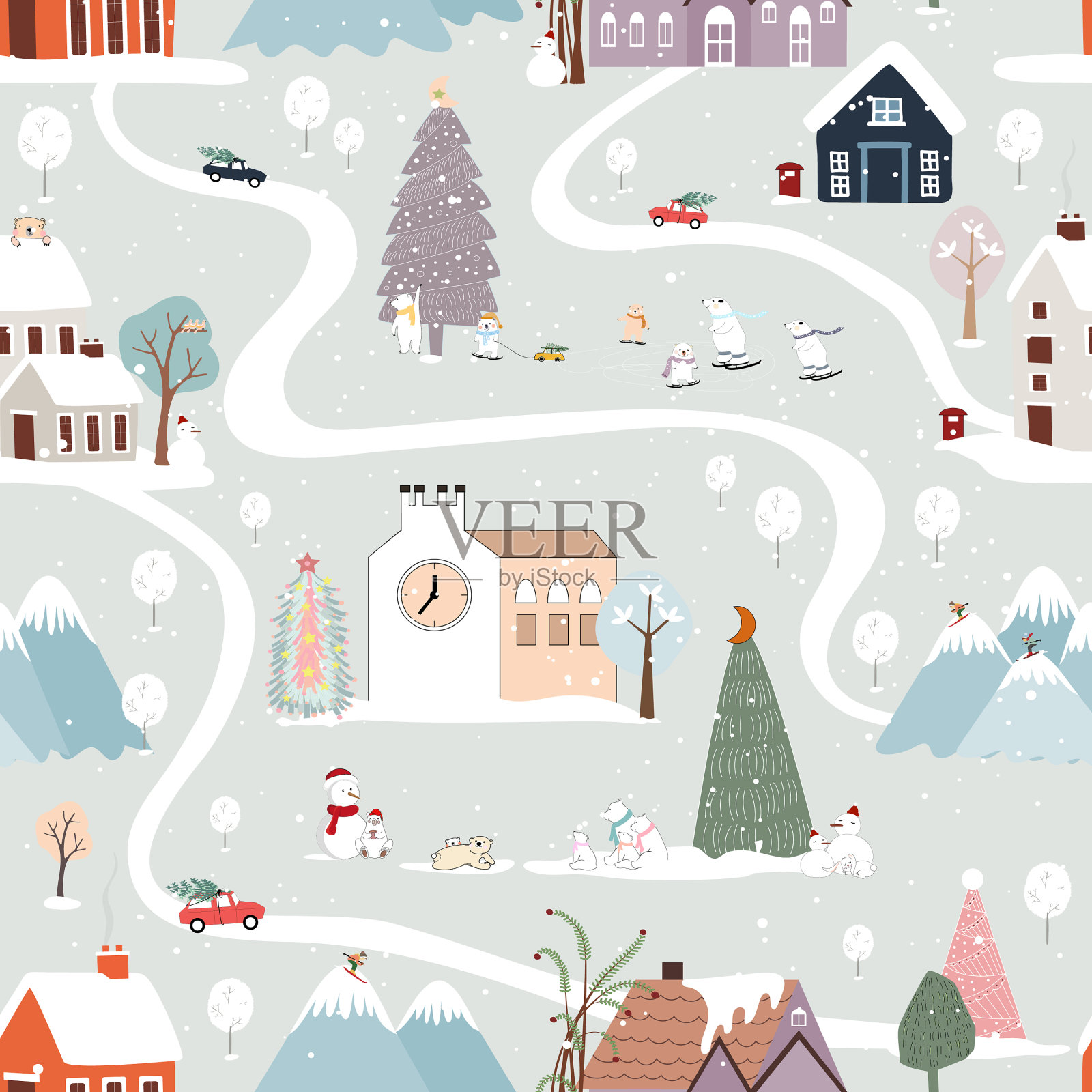 冬季无缝图案圣诞景观插画图片素材