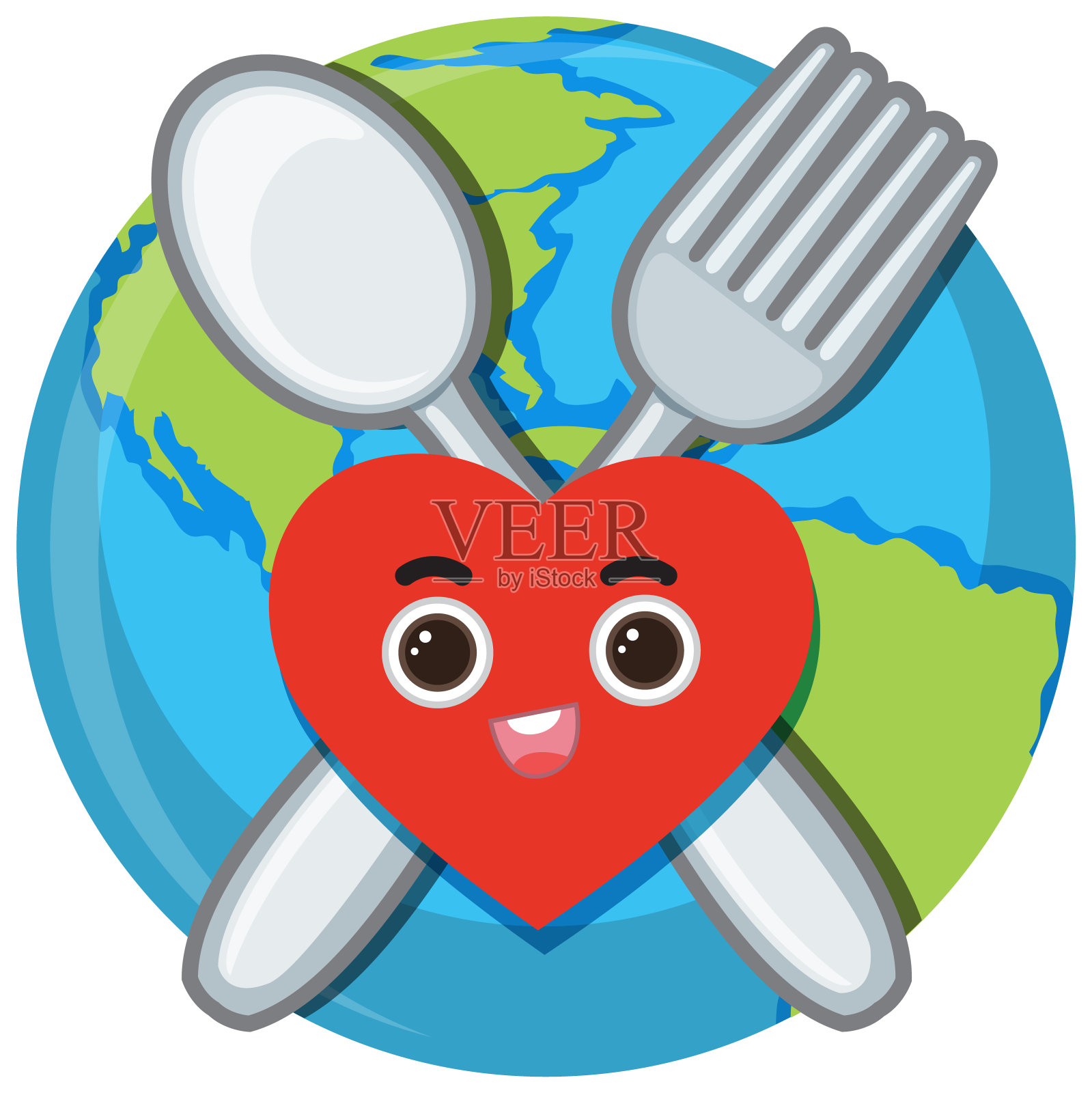 心在勺子，叉子和地球上插画图片素材