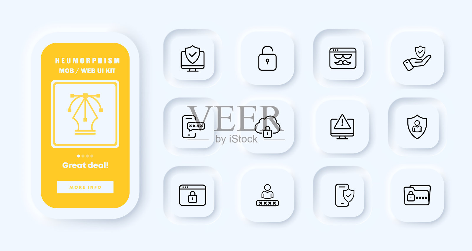 私有数据保护集图标。密码，屏蔽，锁定，隐身标签，手机，电脑，云存储，验证，勾选，文件夹。隐私的概念。新生变形。UI手机应用程序屏幕。矢量线图标图标素材