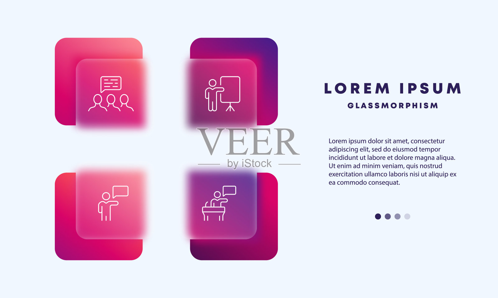 工作流设置图标。工作沟通，挂图，演讲，论坛，演讲，公众演讲。经营理念。Glassmorphism风格。矢量线图标的业务和广告插画图片素材