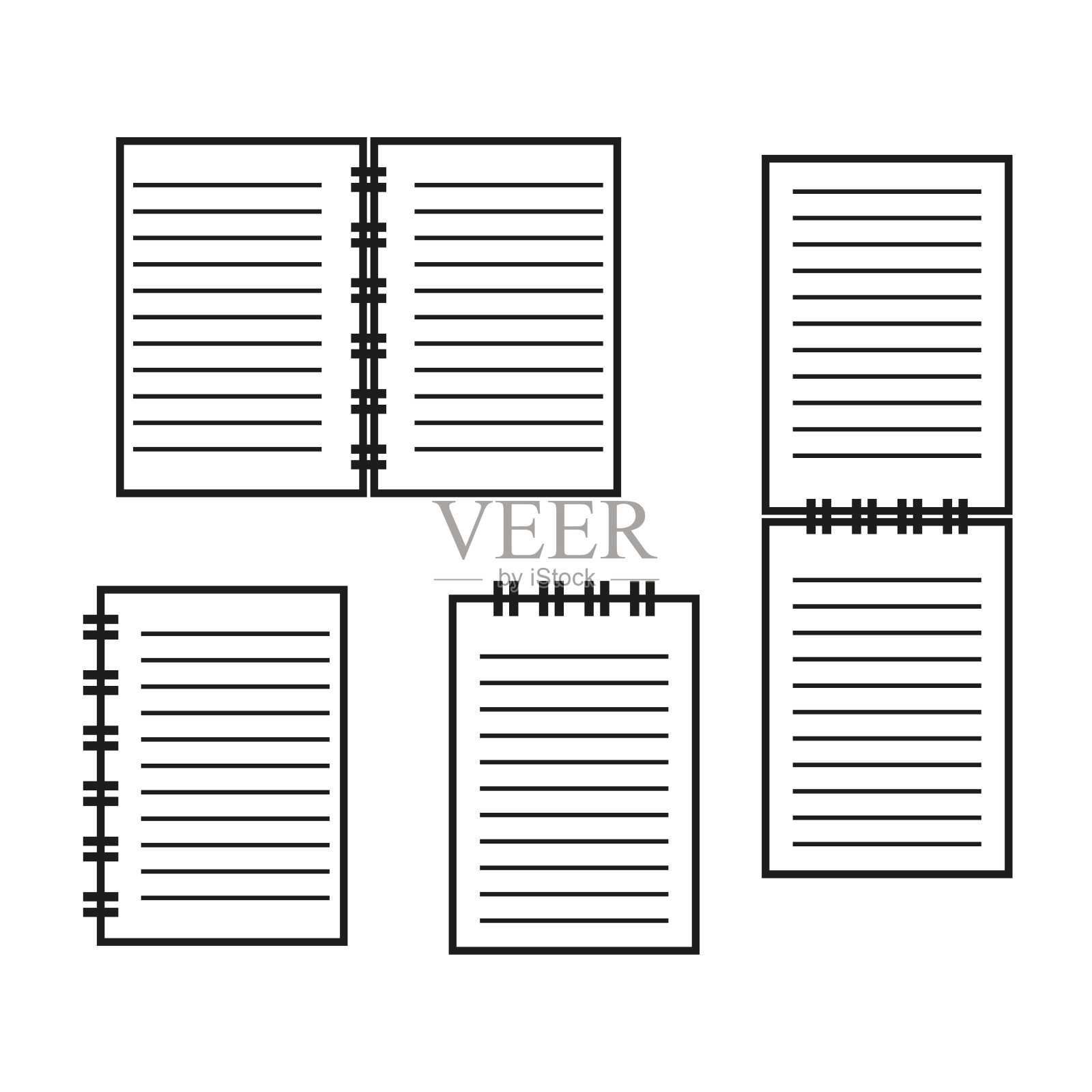 平面设置与黑色记事本打开关闭图标。矢量插图。股票的形象。插画图片素材