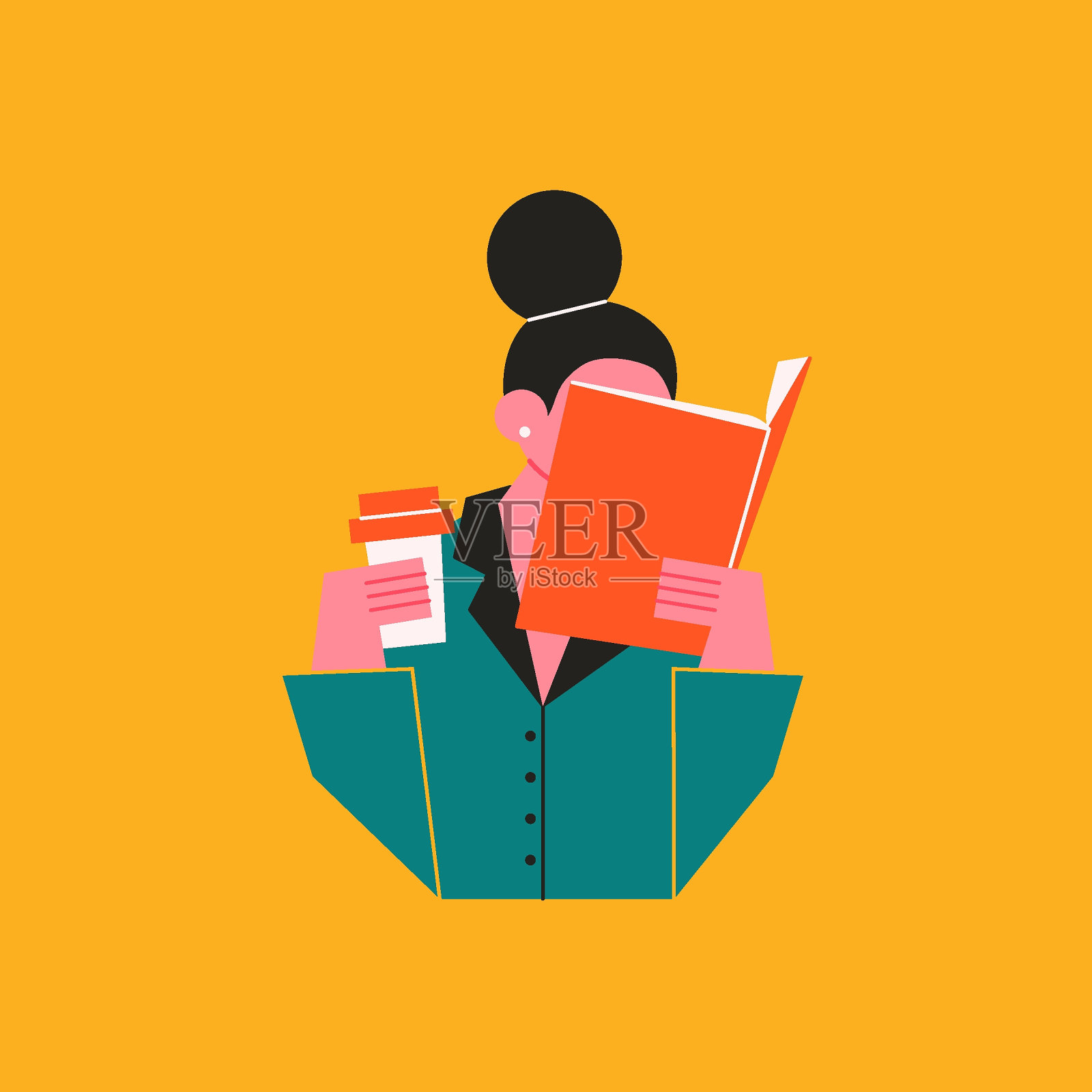 女人读的书。抽象手绘卡通女性角色，扁平的女孩与打开的书。现代的矢量图插画图片素材