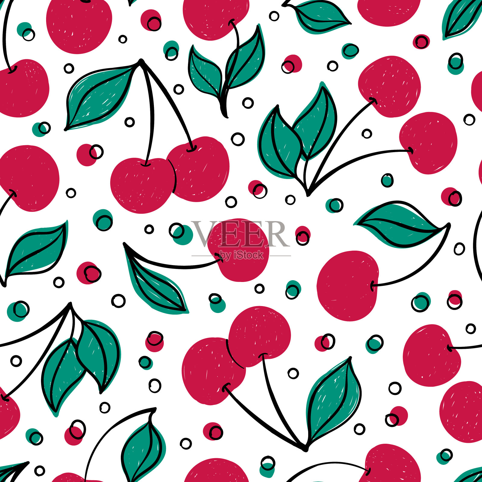 热带无缝图案与涂鸦红樱桃插画图片素材