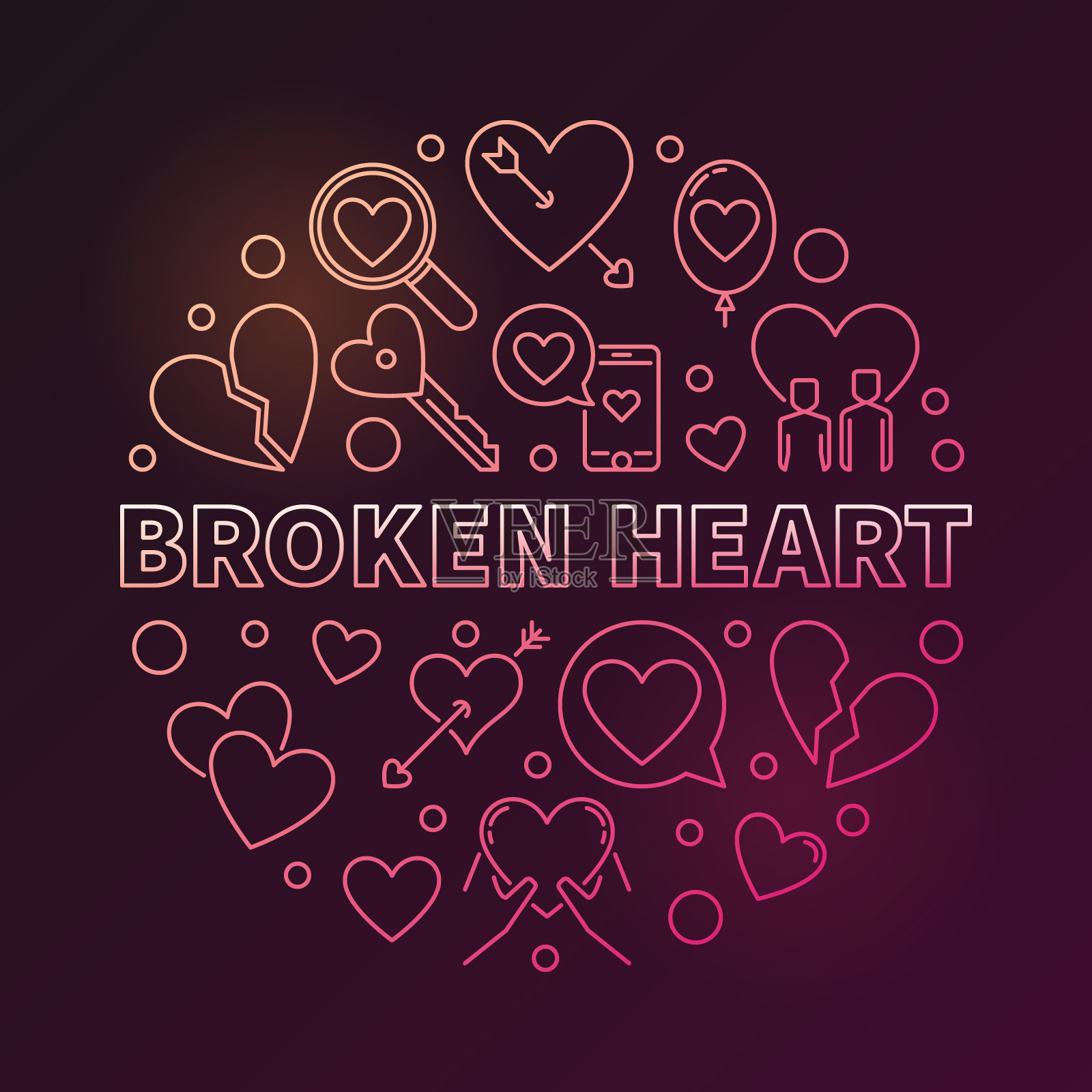 破碎的心矢量圆彩色线性插图插画图片素材