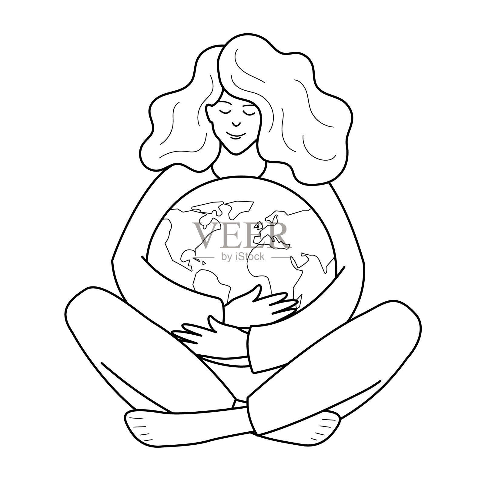 女孩坐着，拿着地球仪插画图片素材