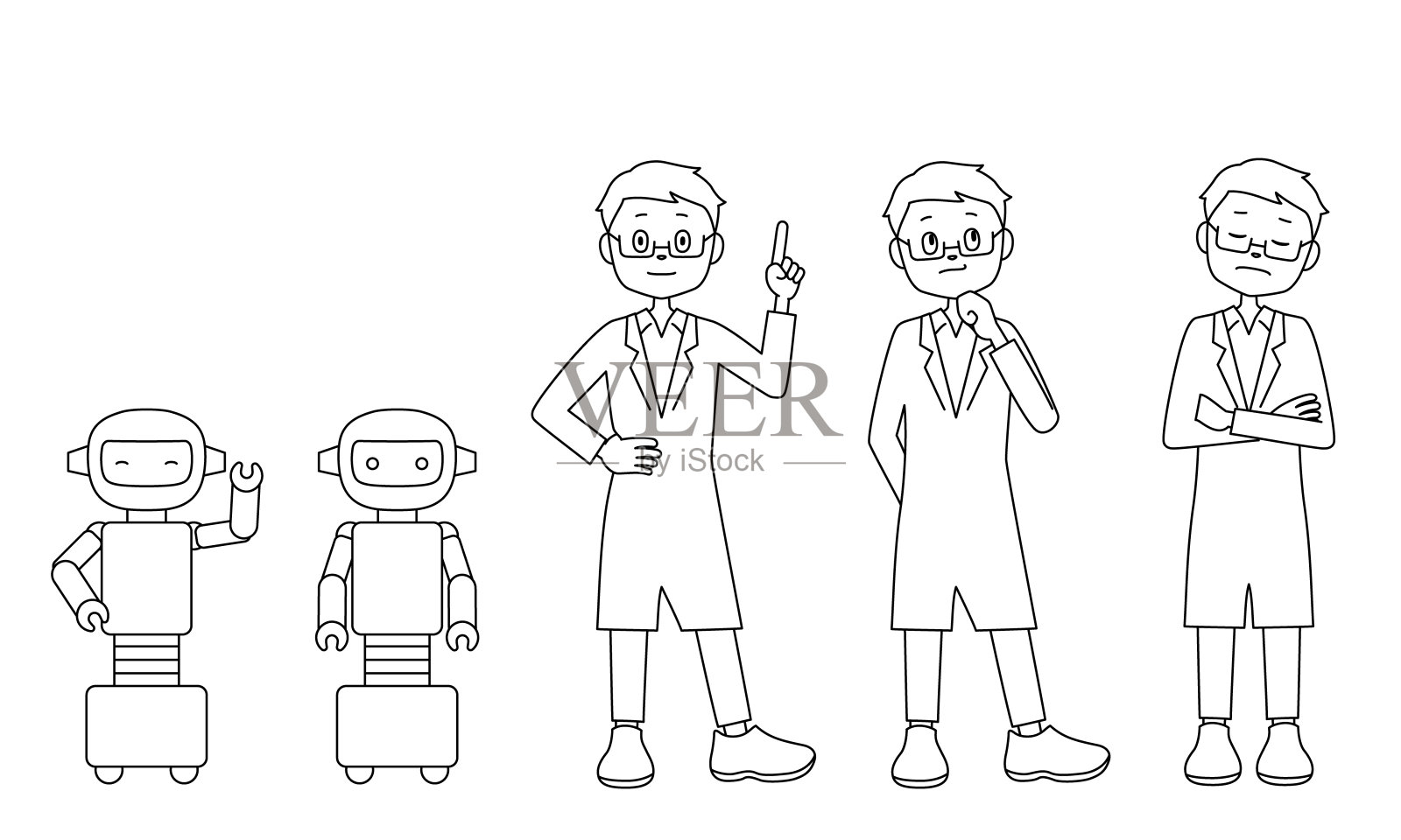 老师和机器人的各种表情插画套装(白色背景，矢量，剪辑)插画图片素材