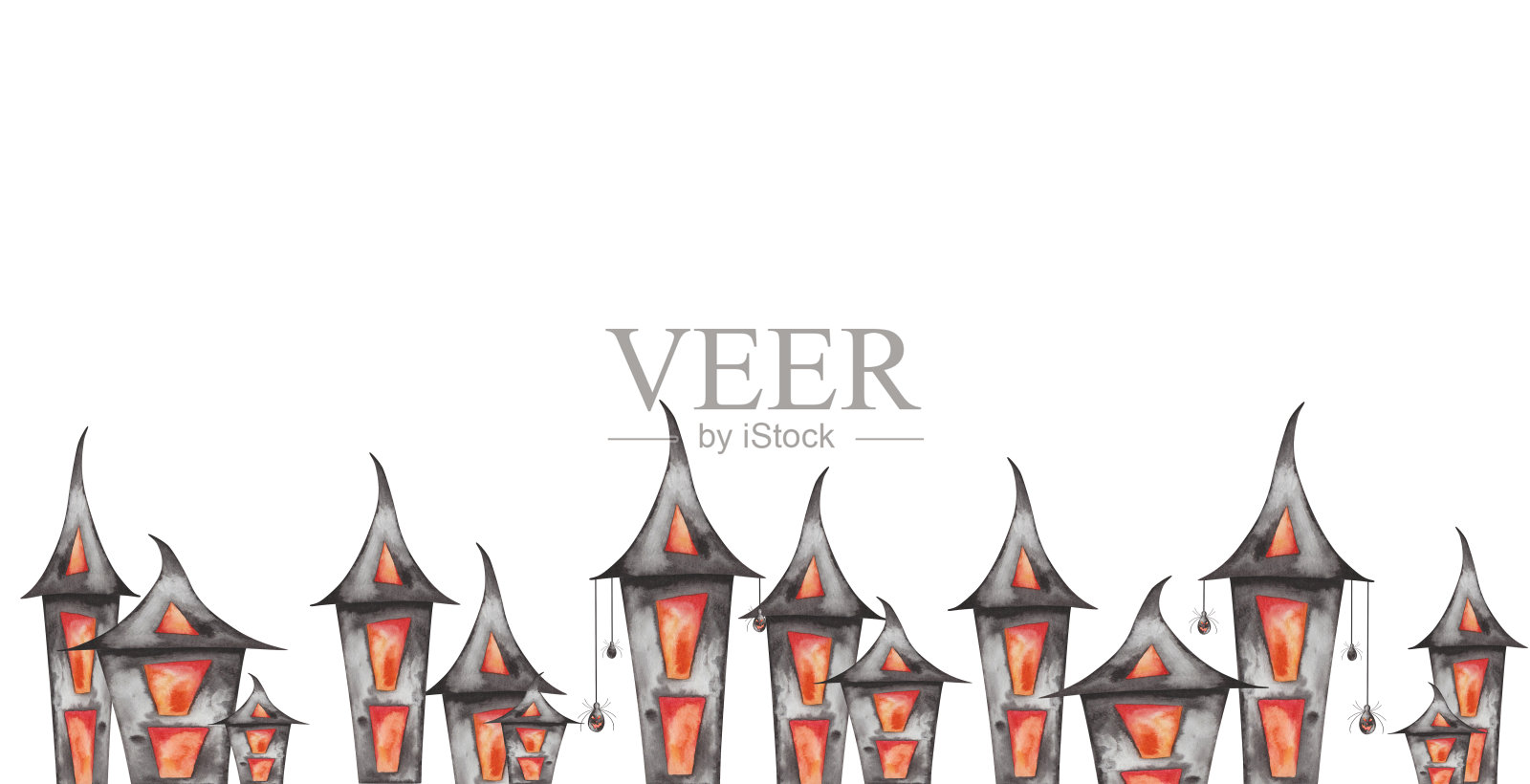 手绘黑色房子的水彩插图，红色的窗户，弯曲的屋顶。大楼着火了。灯笼。幽灵鬼屋。公墓。框架模板在白色背景万圣节卡片，海报插画图片素材