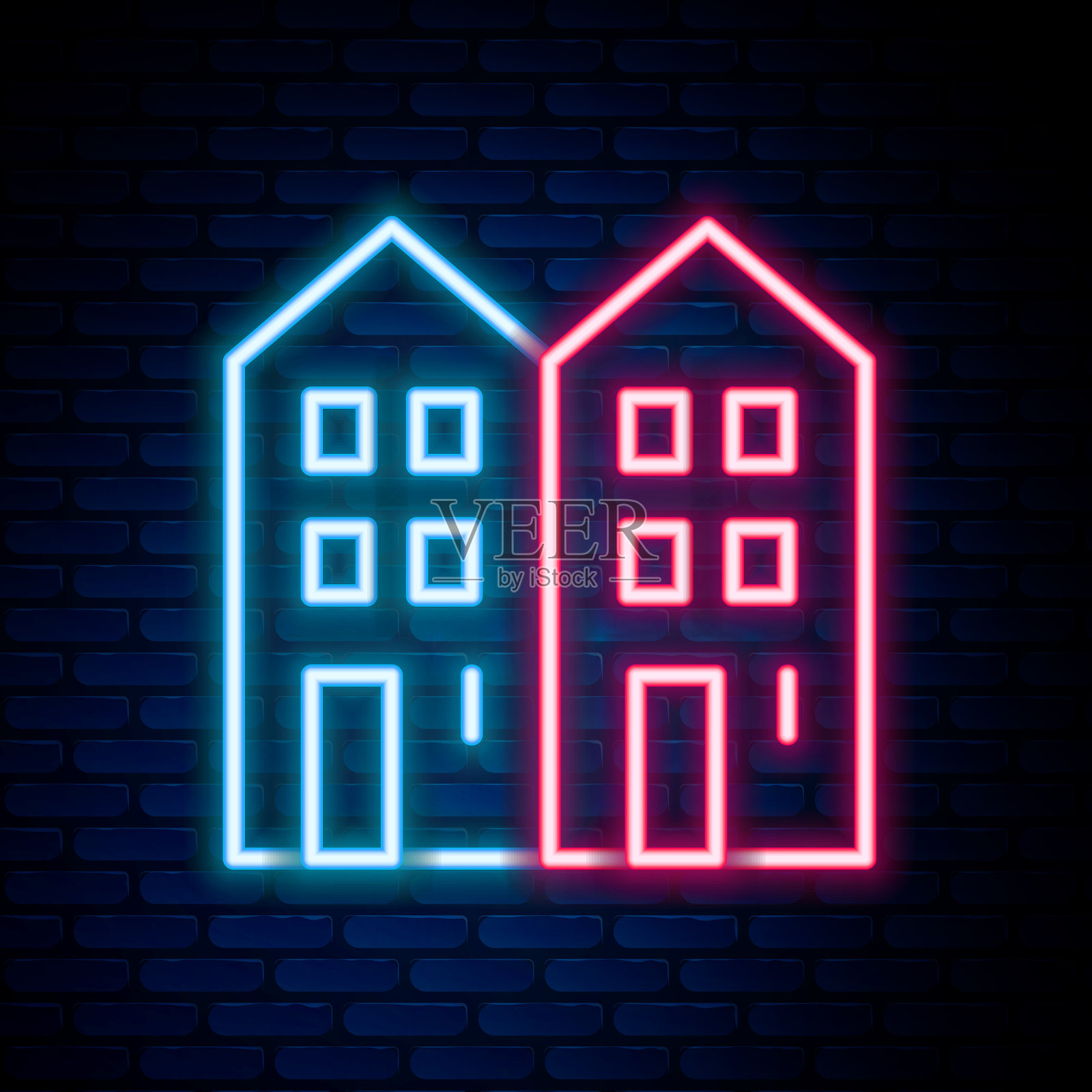 发光的霓虹灯线房子图标孤立在砖插画图片素材