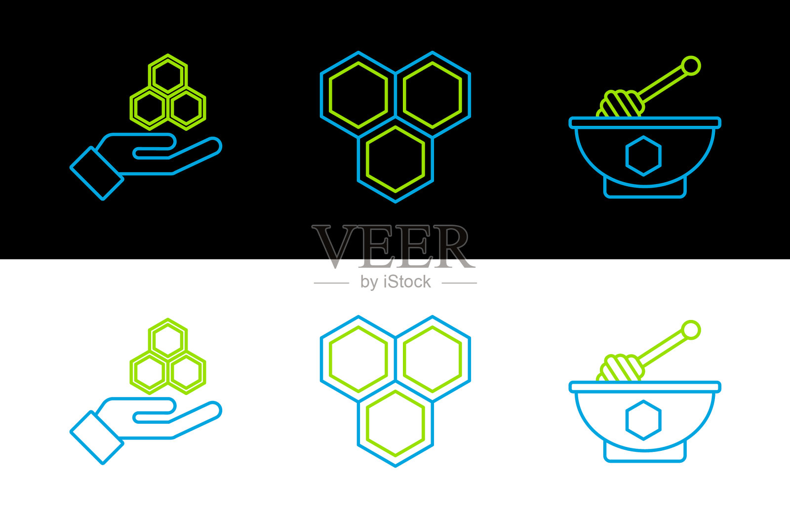 设置线蜂蜜勺棒和碗蜂窝图标素材