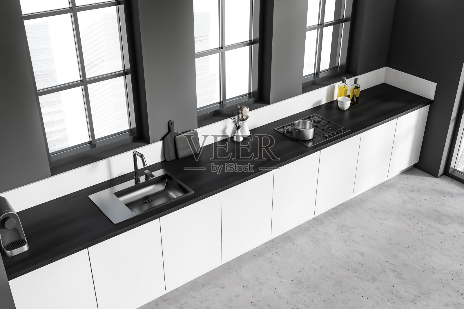 带橱柜的黑暗厨房室内的俯视图照片摄影图片