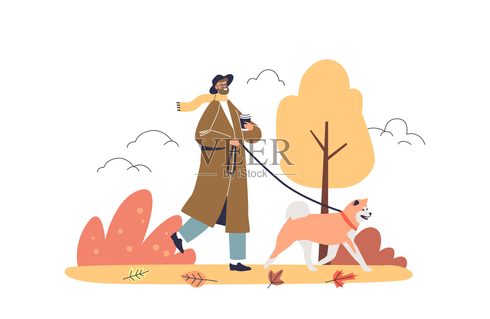 在秋天公园遛狗的男人年轻的潮男设计元素图片