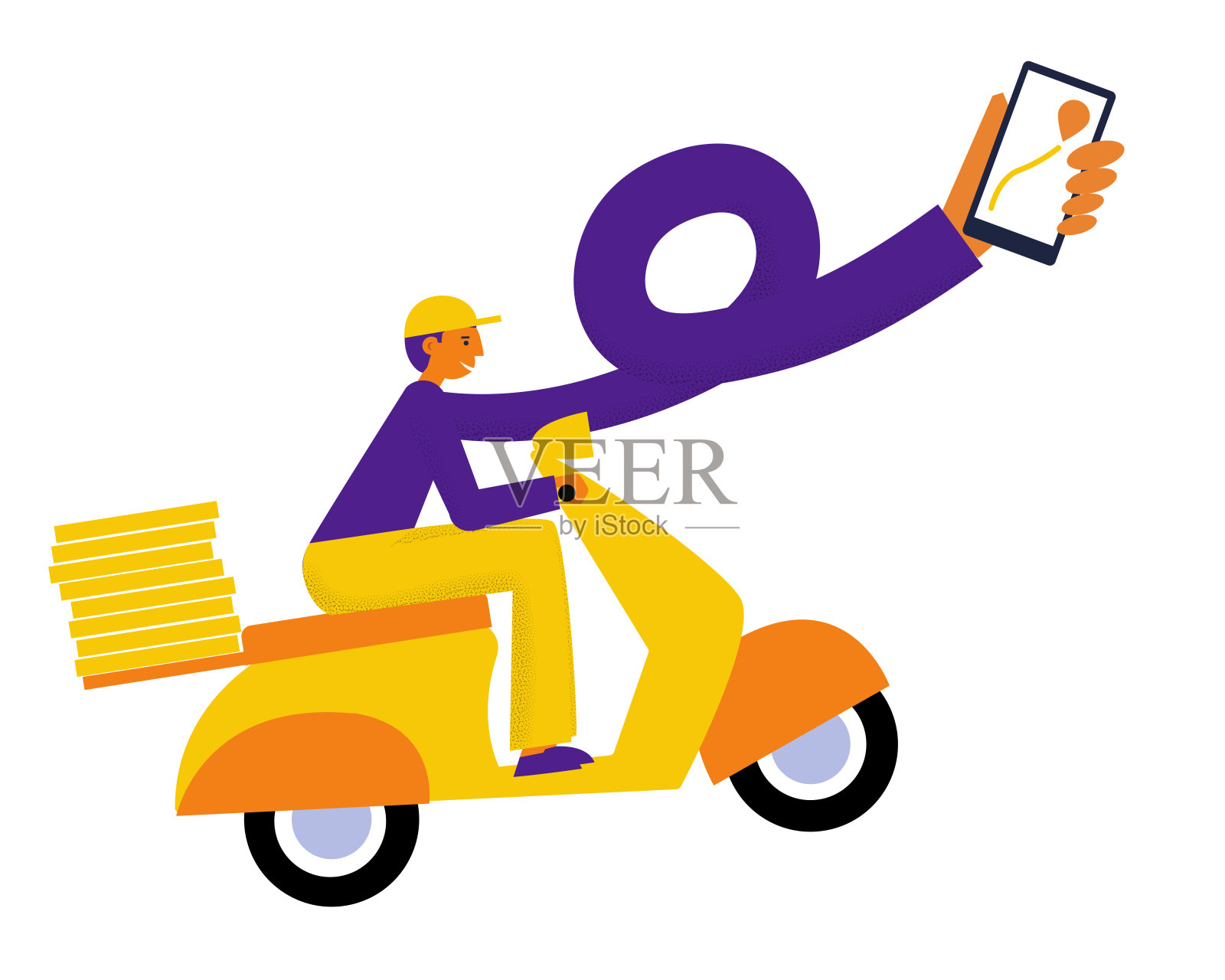 骑摩托车的年轻人。快递小哥用长手拿着带追踪地图的手机。滑板车送餐插画图片素材