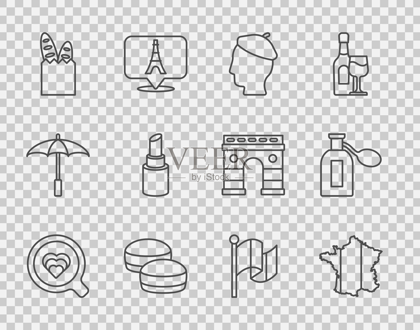 Set line咖啡杯地图法国人图标素材