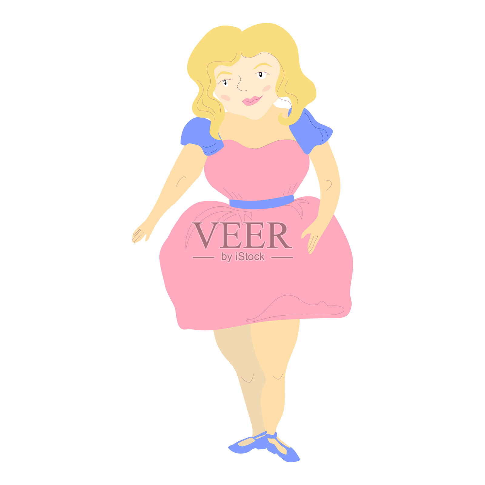 卡通超重的女孩穿着粉红色的裙子站着设计元素图片