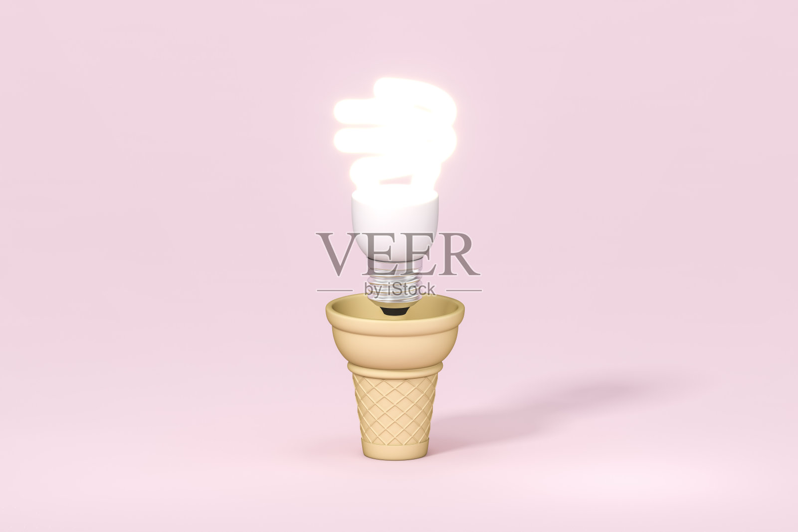 在粉色背景下，发光的灯泡漂浮在华夫饼筒上。3D插画创意创意和创新灯泡3D商业和电力室内灯光装饰最小的概念。插画图片素材