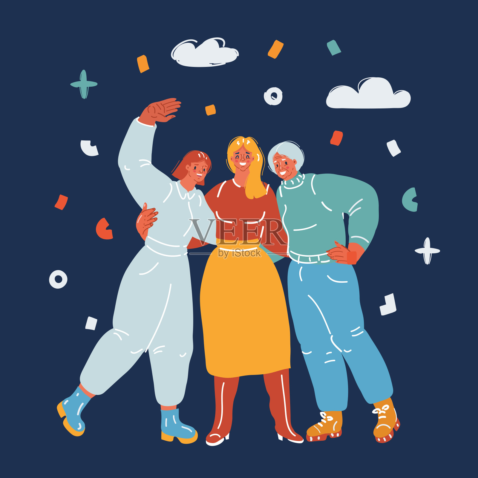 卡通矢量插画：女子聚会，朋友们微笑拥抱插画图片素材