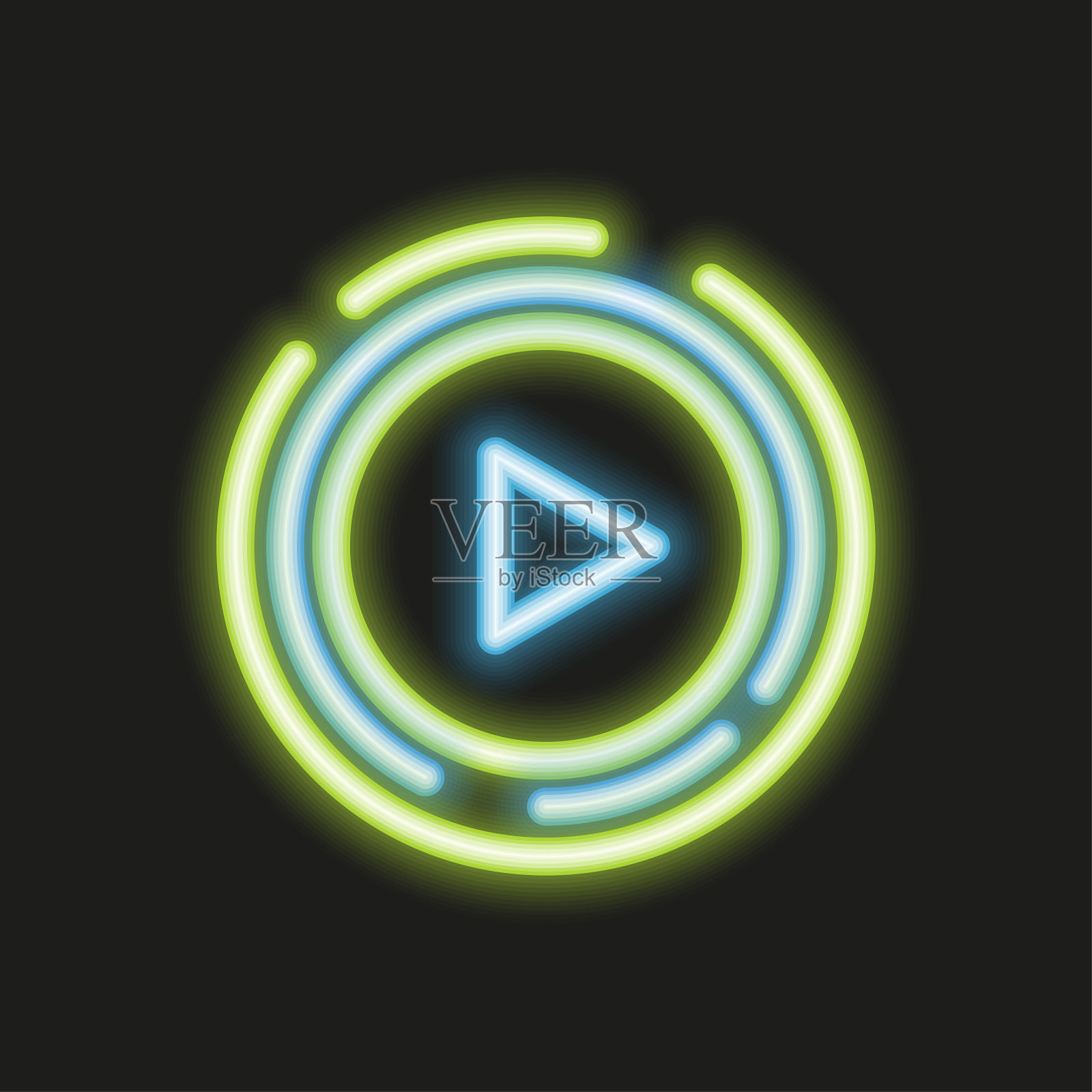 闪烁的霓虹灯播放按钮，音乐标志，前进的箭头插画图片素材