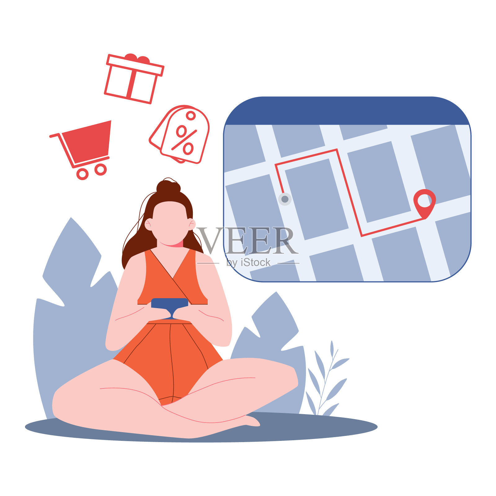 一名女性通过手机应用程序选择商品，然后在网上下单。女孩看着销售和地位秩序。交付。现代平面人物矢量插图。向量插画图片素材