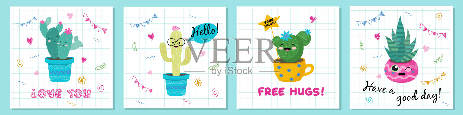 在白色上画可爱的仙人掌图插画图片素材