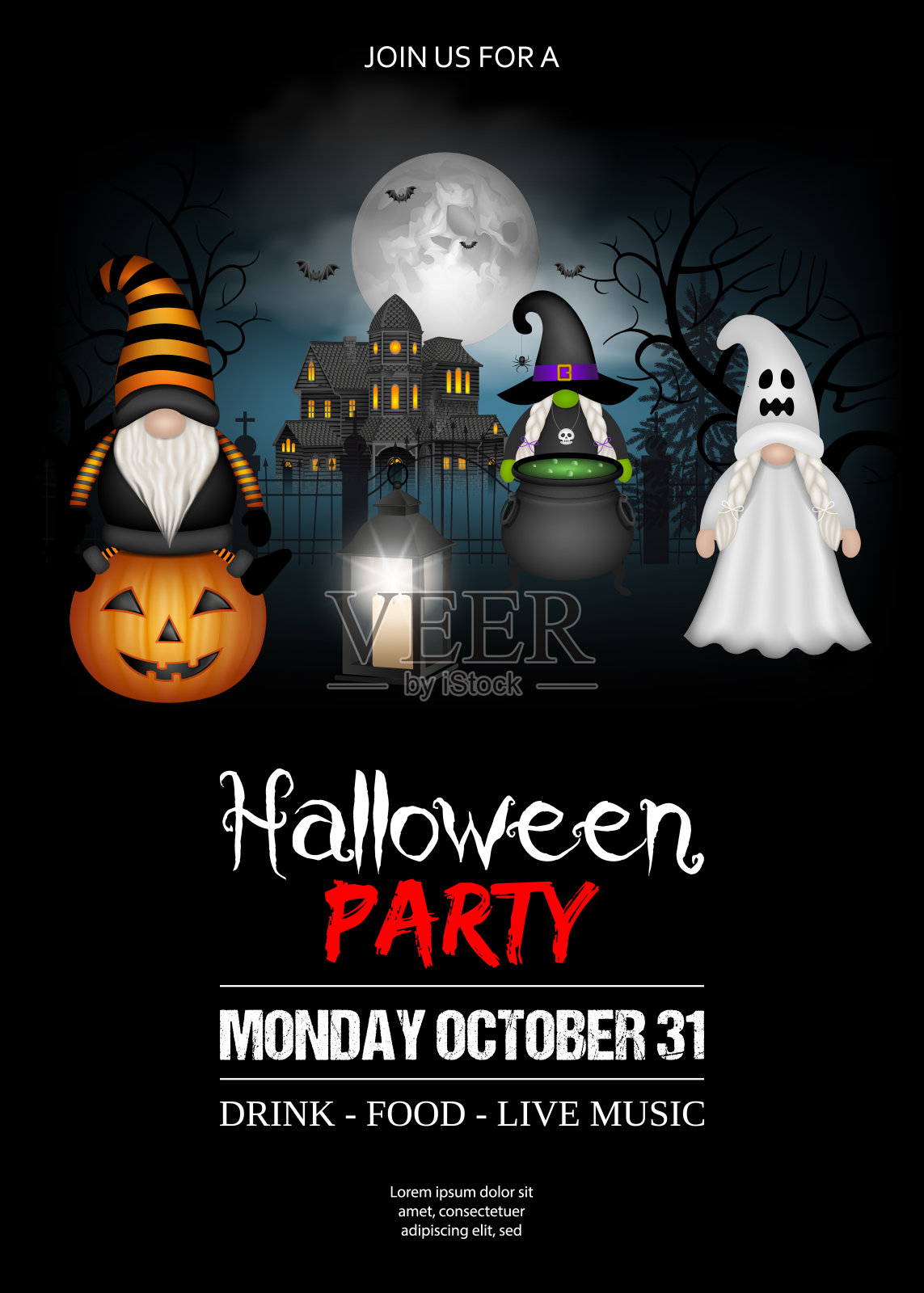 万圣节派对海报与有趣的侏儒在可怕的景观设计模板素材