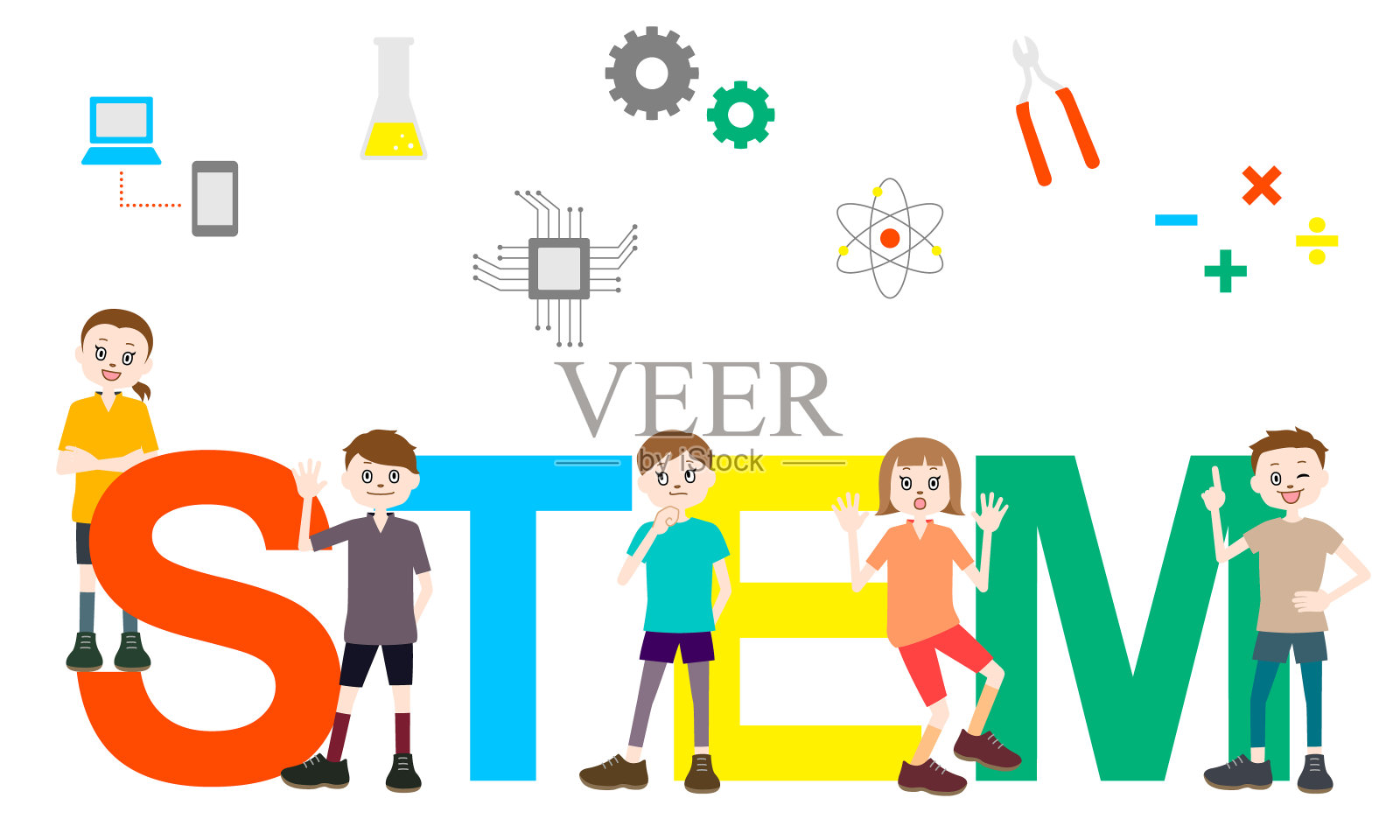 有趣的STEM学习概念插图(白色背景，矢量，剪接)插画图片素材