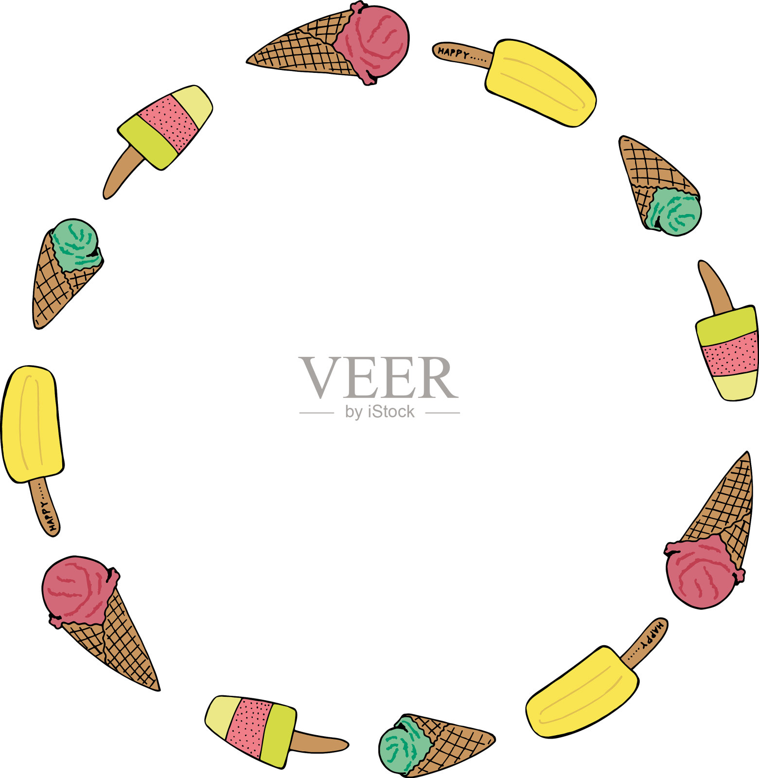 圆形镜框，白色上有不同的冰淇淋插画图片素材
