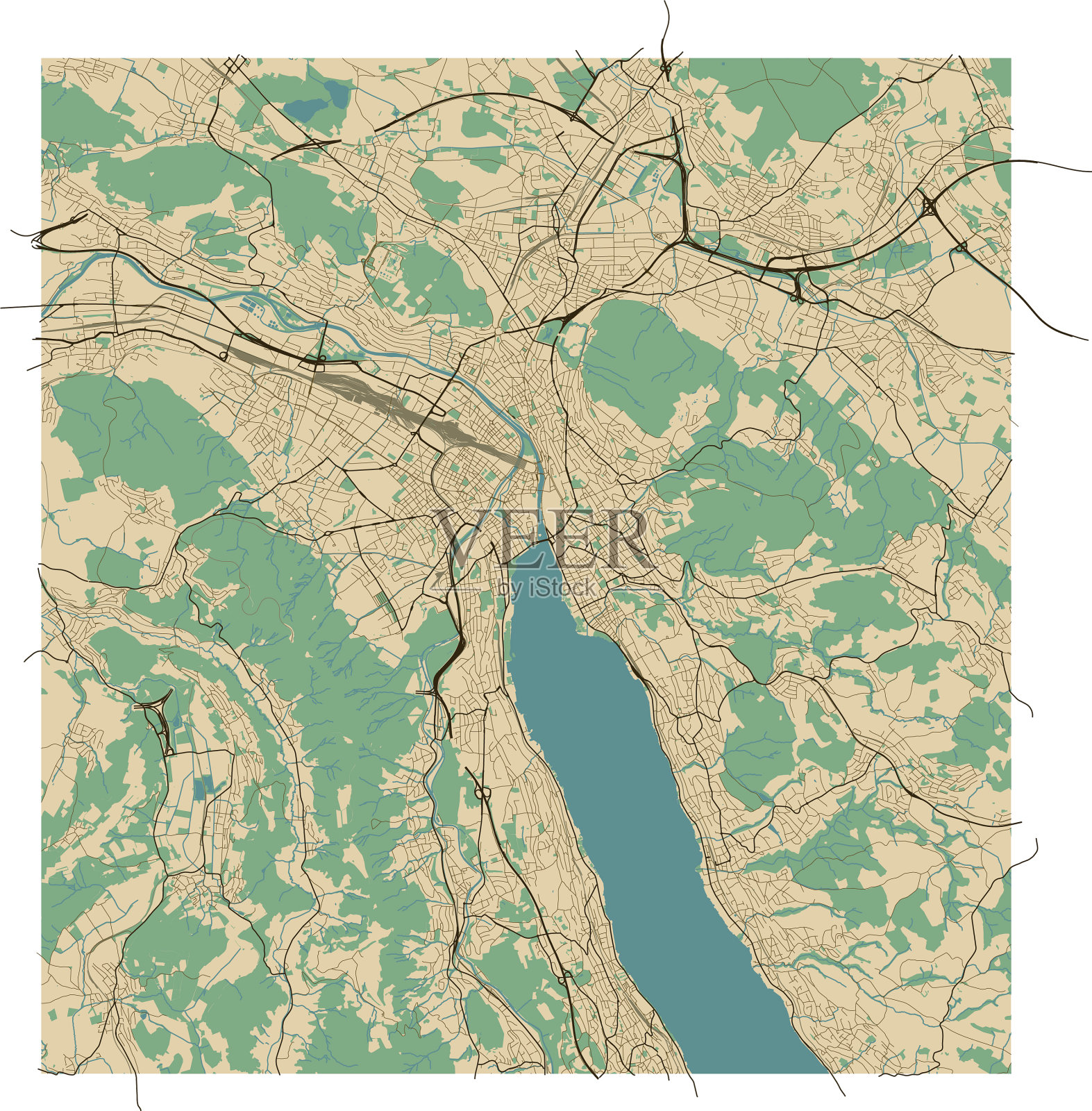 瑞士苏黎世的可编辑城市地图插画图片素材