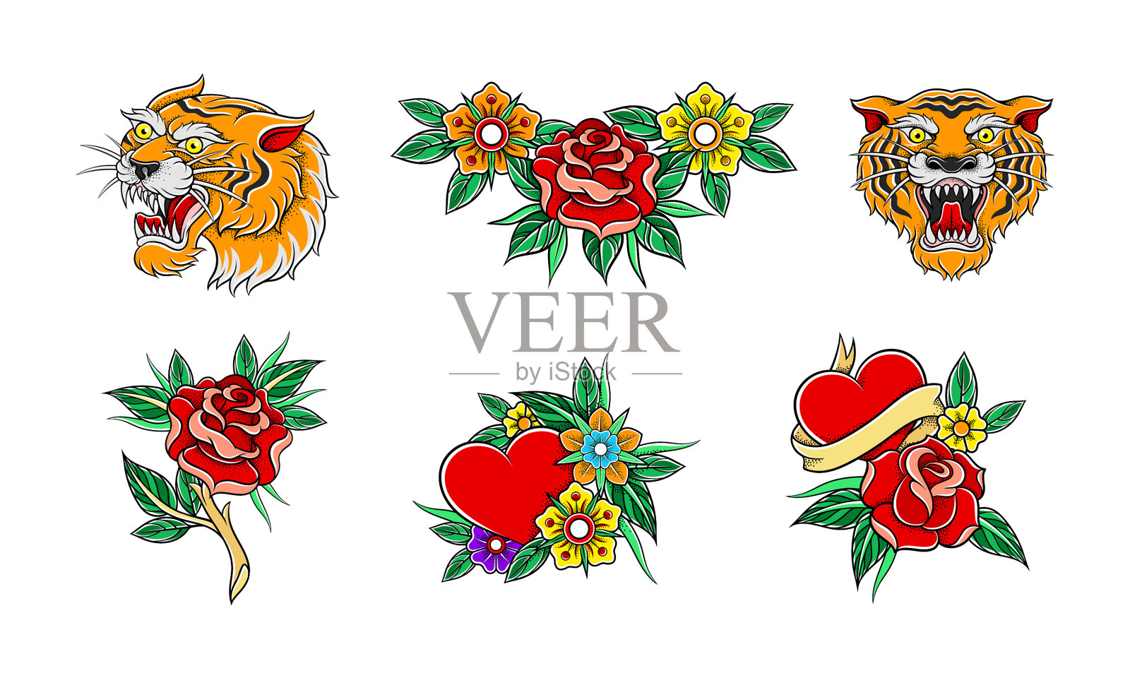 老学校徽章与风格化的红玫瑰花蕾心插画图片素材