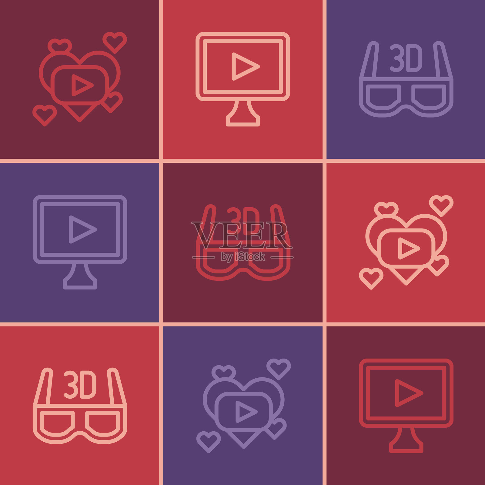 设定线浪漫电影3d影院眼镜和图标素材