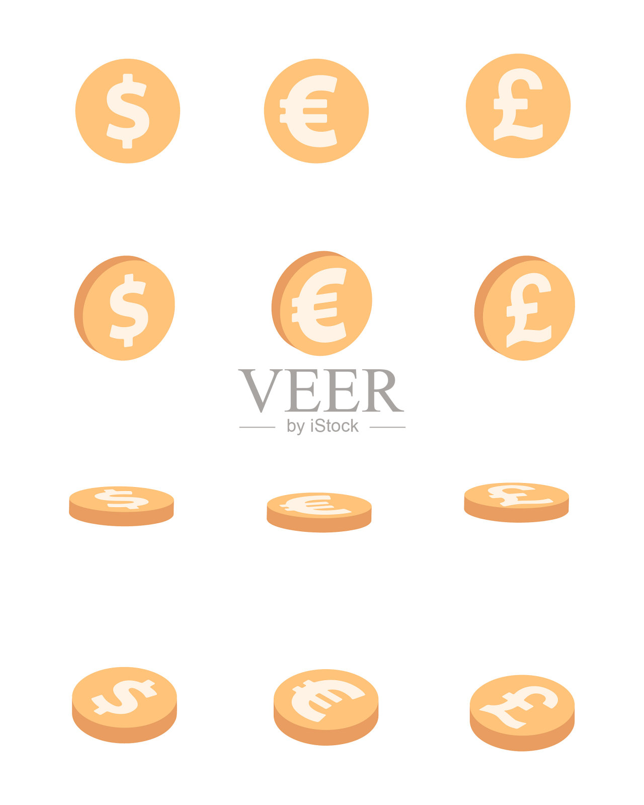 一套美元、欧元和英镑硬币图标素材