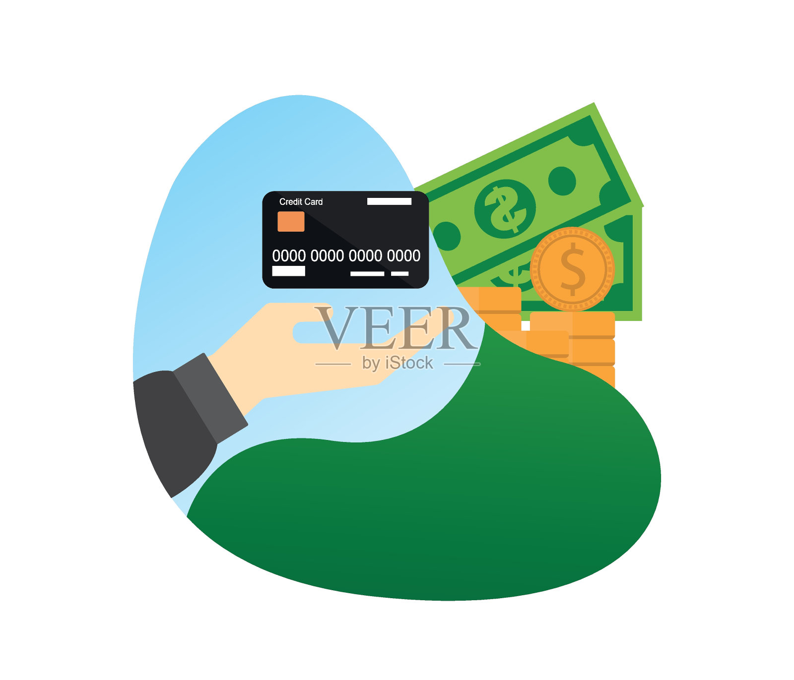 塑料信用卡、纸币和金属货币。可编辑的矢量。插画图片素材