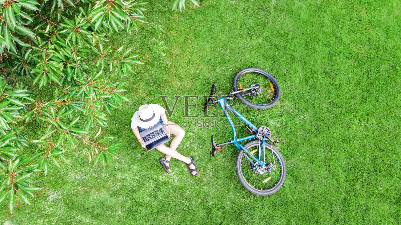 年轻女子在公园里使用笔记本电脑，女学生自由职业者在户外工作和学习，坐在草地上，骑着自行车和笔记本电脑，空中无人机俯瞰照片摄影图片