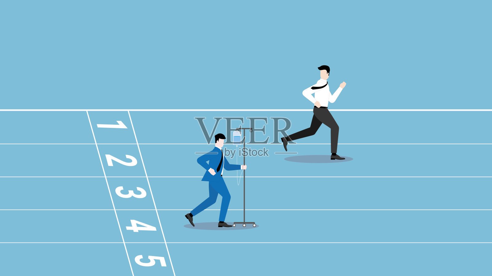 工作狂的经营理念，勤奋、勤奋、热情、紧张，职业定位、竞争、业绩、无病假。商人用生理盐水输液袋在跑道上跑步。插画图片素材