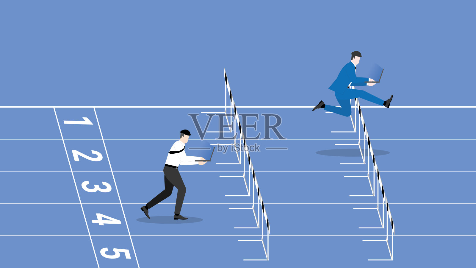 优点是勤奋、勤奋、热情、紧张。一个领导商人和随从员工在笔记本电脑上工作，在赛道上跳跃和跑过障碍。竞争绩效的概念。插画图片素材