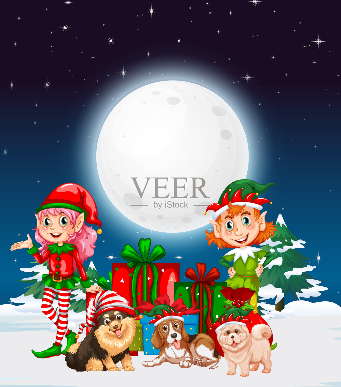 大雪纷飞的冬夜，圣诞精灵和狗插画图片素材