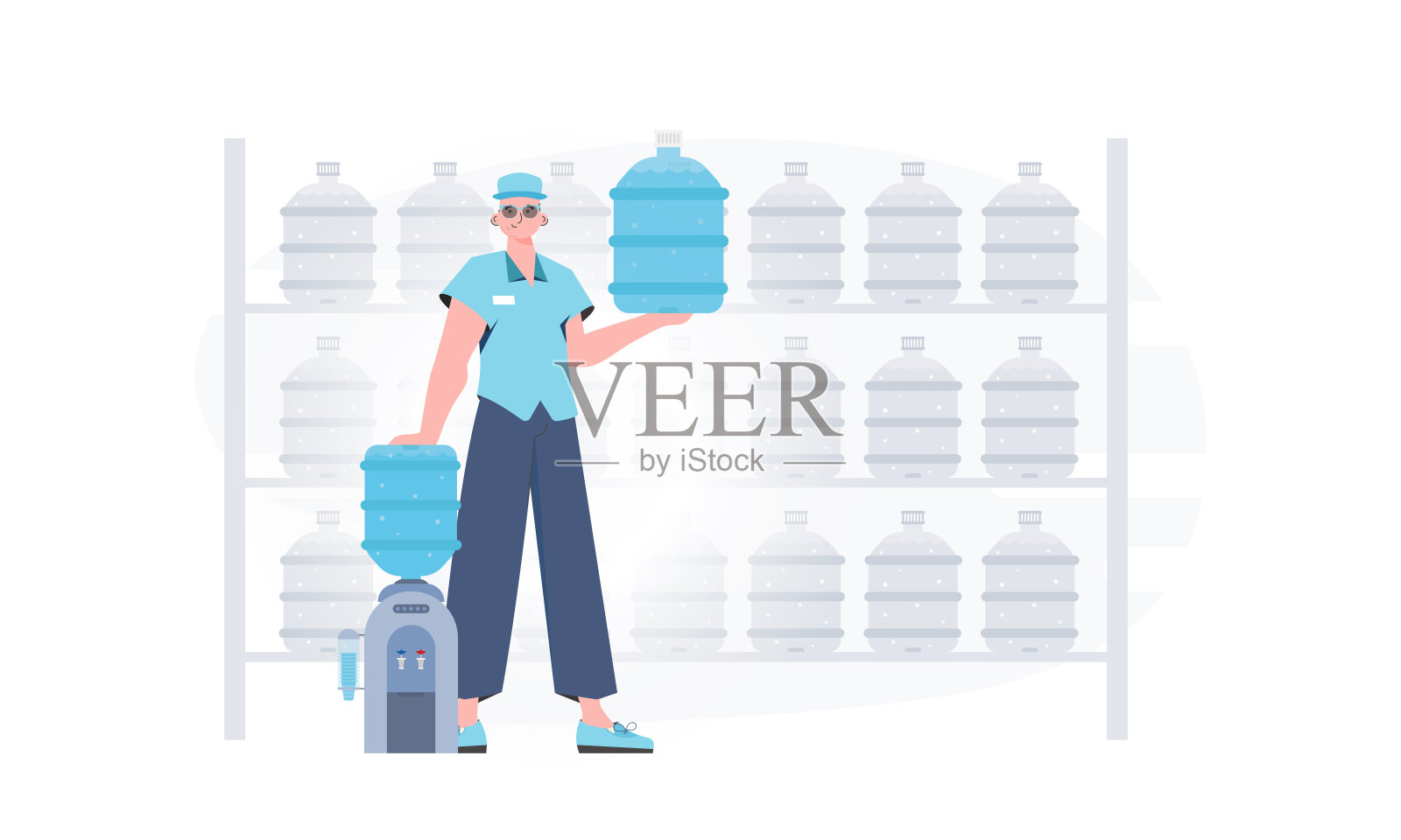 送水的概念。这个人拿着一个大水瓶。这个人物被描绘成一个成熟的人。向量。插画图片素材