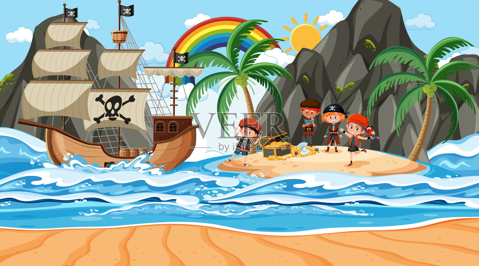 白天和海盗孩子们在金银岛的场景插画图片素材