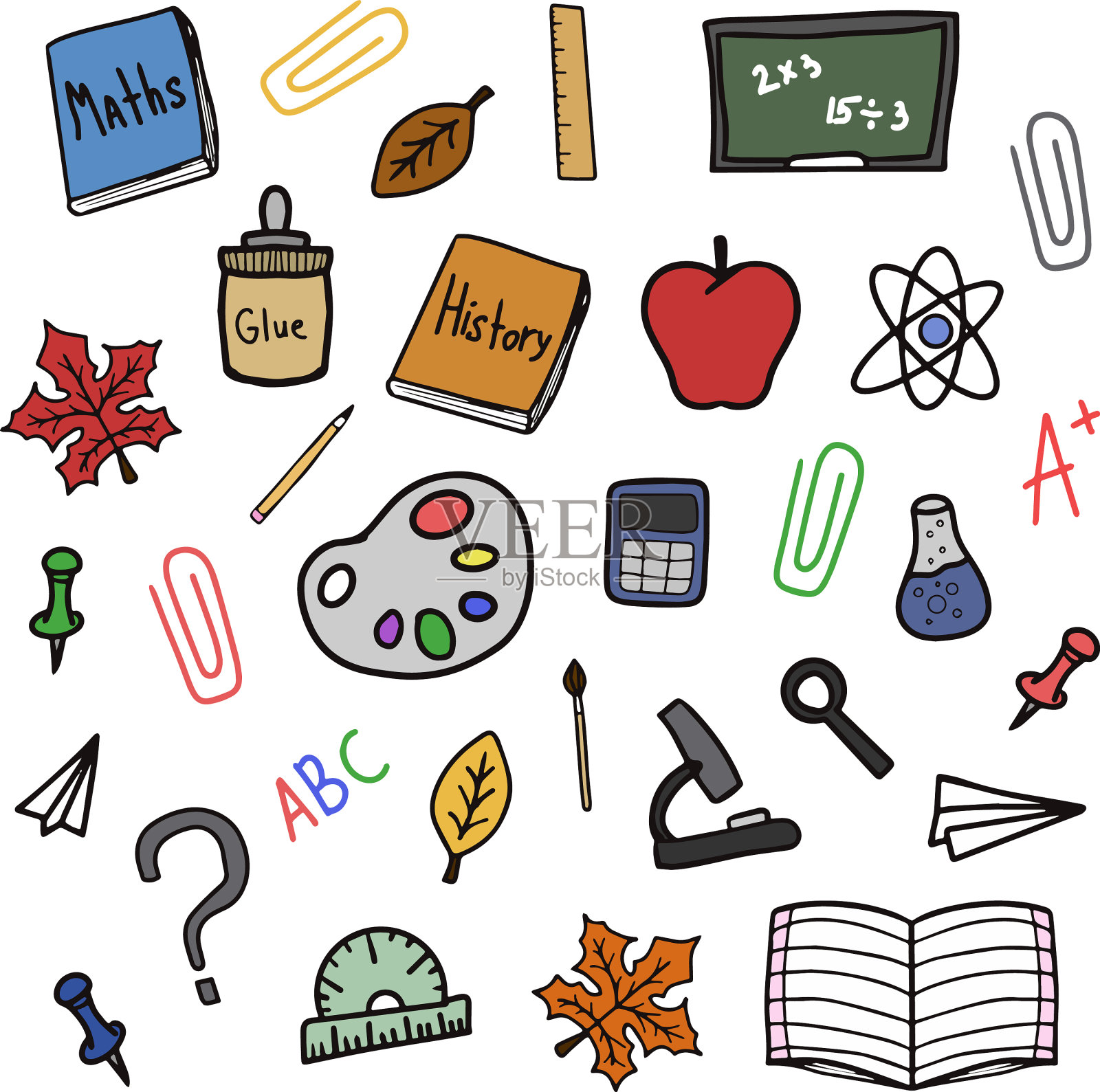 回学校涂鸦彩色孤立套插画图片素材