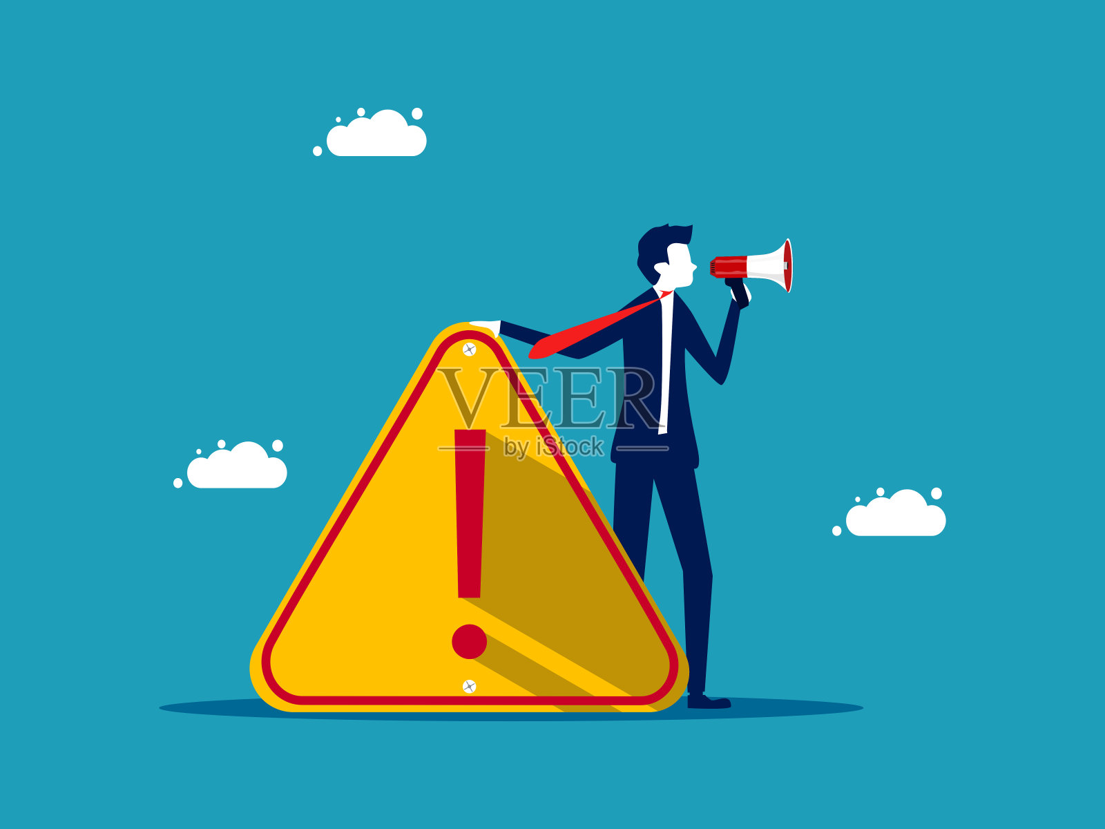 宣布突发新闻或警告。商人用带感叹号的扩音器宣布插画图片素材