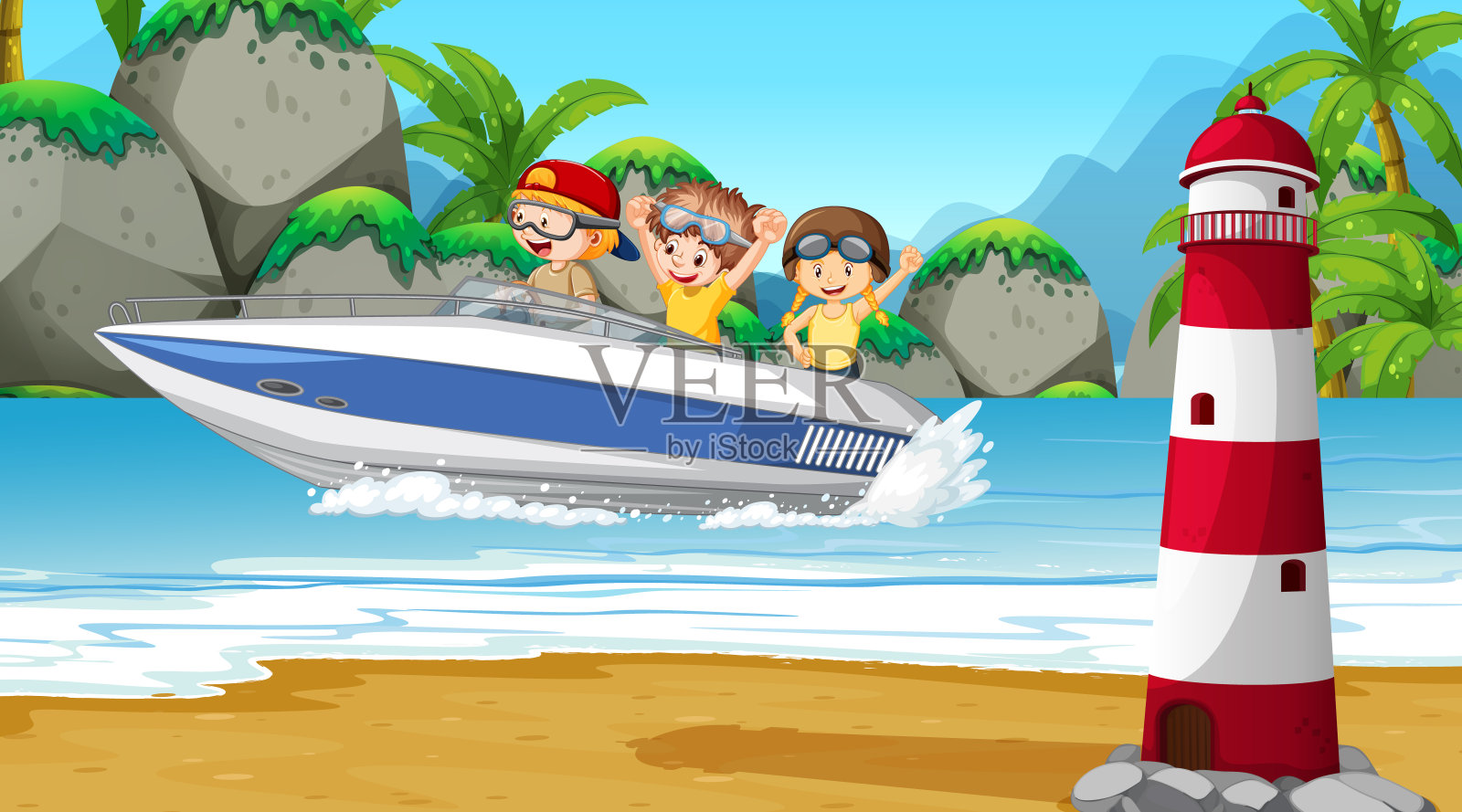 海边的风景，一个男孩开着摩托艇插画图片素材