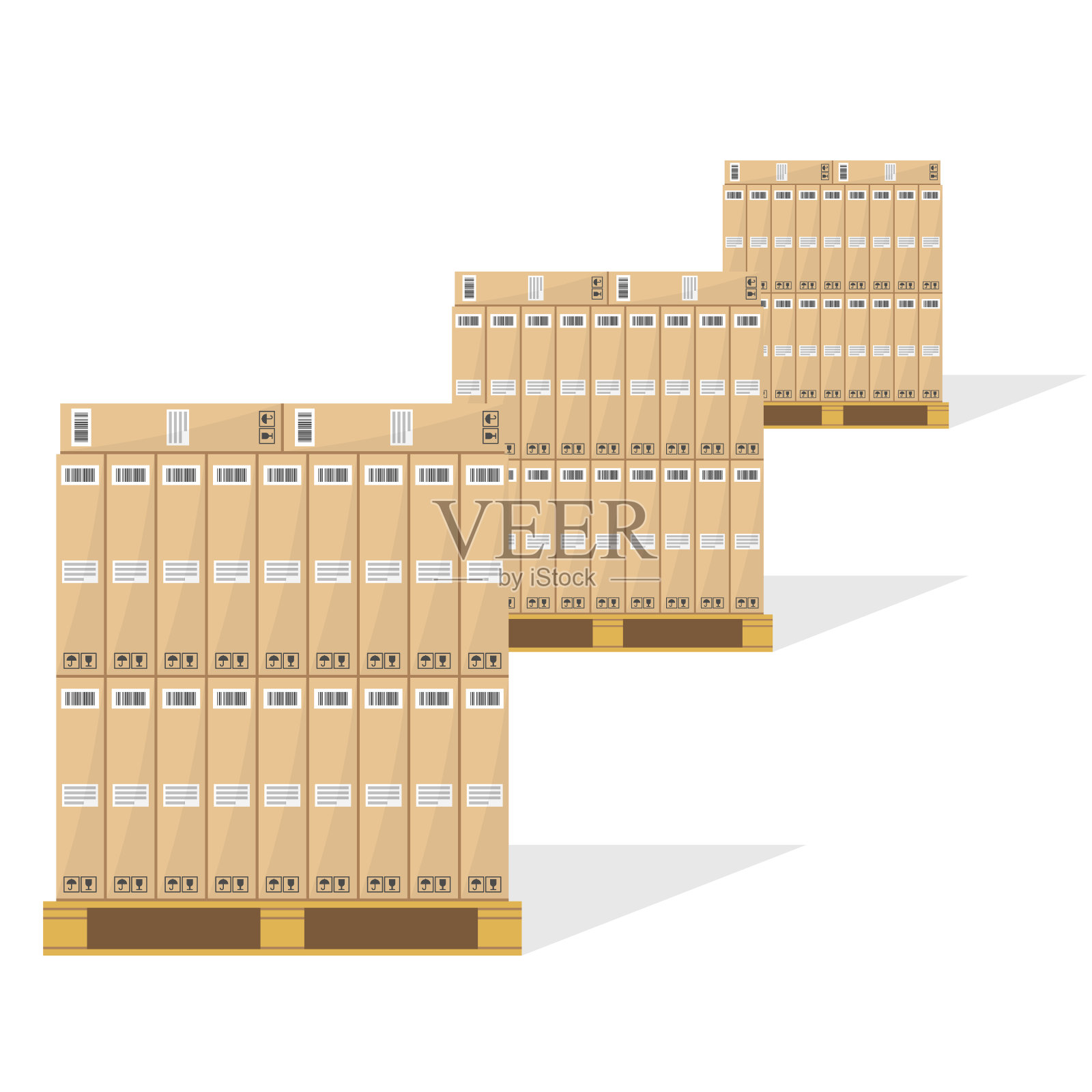 木箱放在木托盘上。用于储存和货物的纸箱包裹，有条形码、象形图和文字贴纸。插画图片素材
