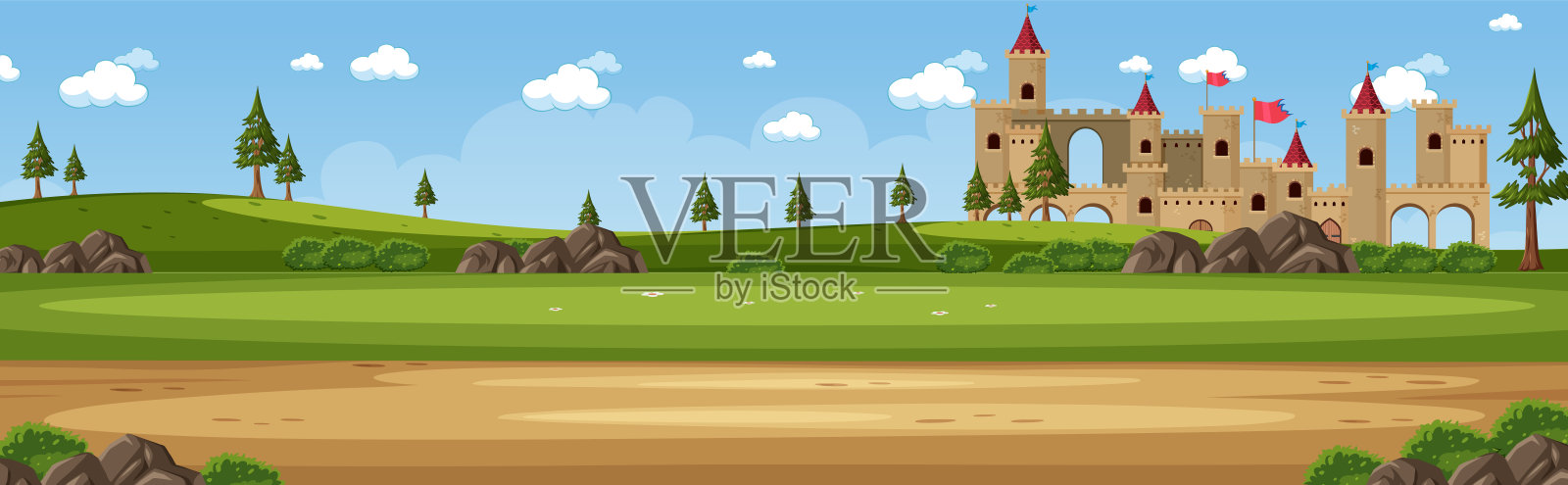 带有中世纪城堡的景观景观插画图片素材