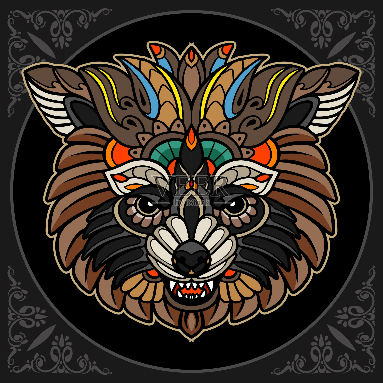 黑色背景上孤立的浣熊艺术设计元素图片